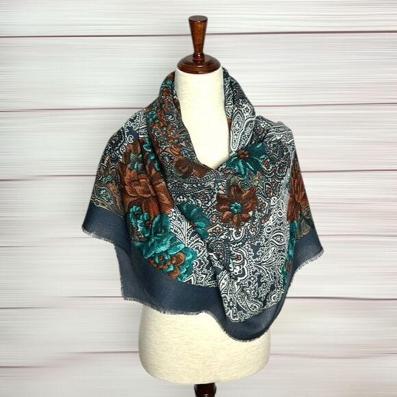 Vintage Ray Strauss Large Wool Square Scarf Shawl Gray Paisley Floral Italy - Picture 7 of 13